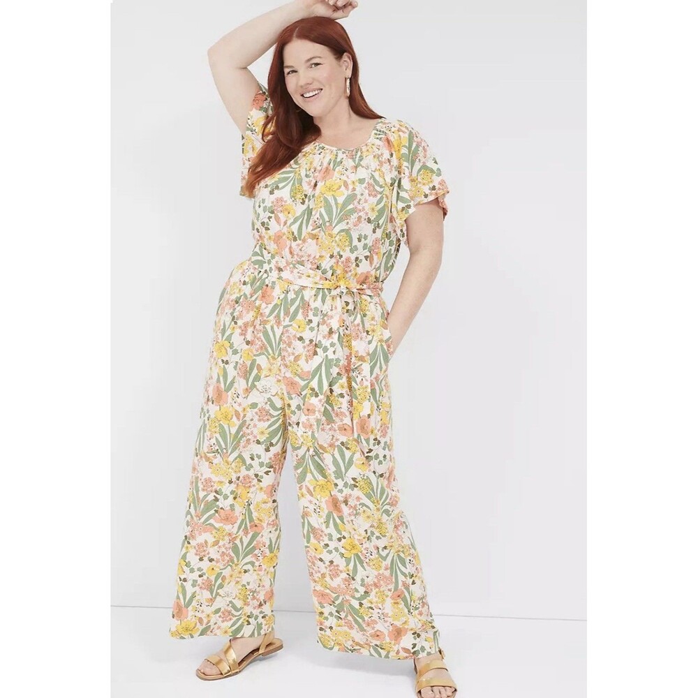 Lane Bryant Floral Linen Blend Jumpsuit Sz 14 Flutter Sleeve  Wide Leg $109